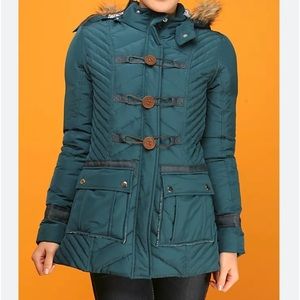 Free People Quilted Teal Fur Hooded Toggle Outerwear Boho Coat Size 8
